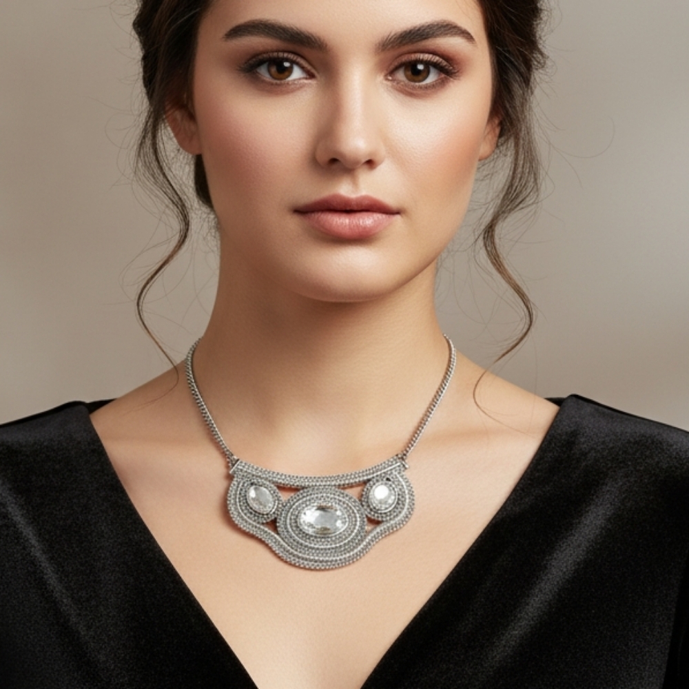 Silver Statement Necklace with Clear Jewels